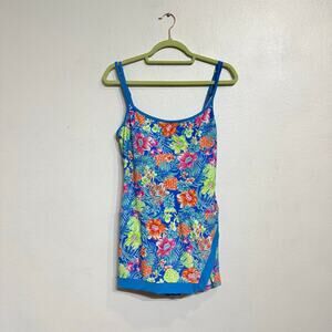 Into the Bleu by Amerex Blue Floral One Piece Swimsuit Dress Sz 10 NWT